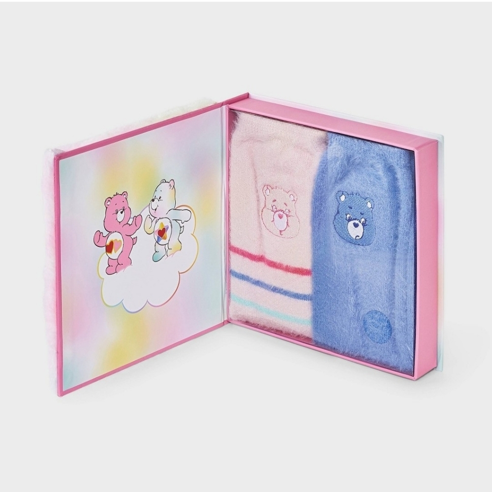 New Women's Care Bears Furry Face Box of Cozy Embroidered Crew Socks - Pink/Blue